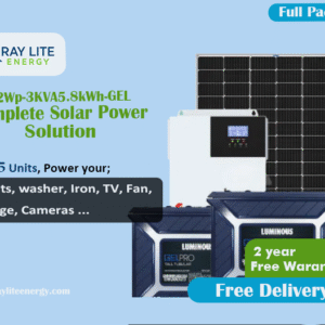Ray Lite Energy 1.2kWp3kVA5.8kWh-Gel Hybrid Solar System; Enjoy up to 5 units of solar power daily – power your lights, washer, Iron , TV, fan, fridge, cameras…